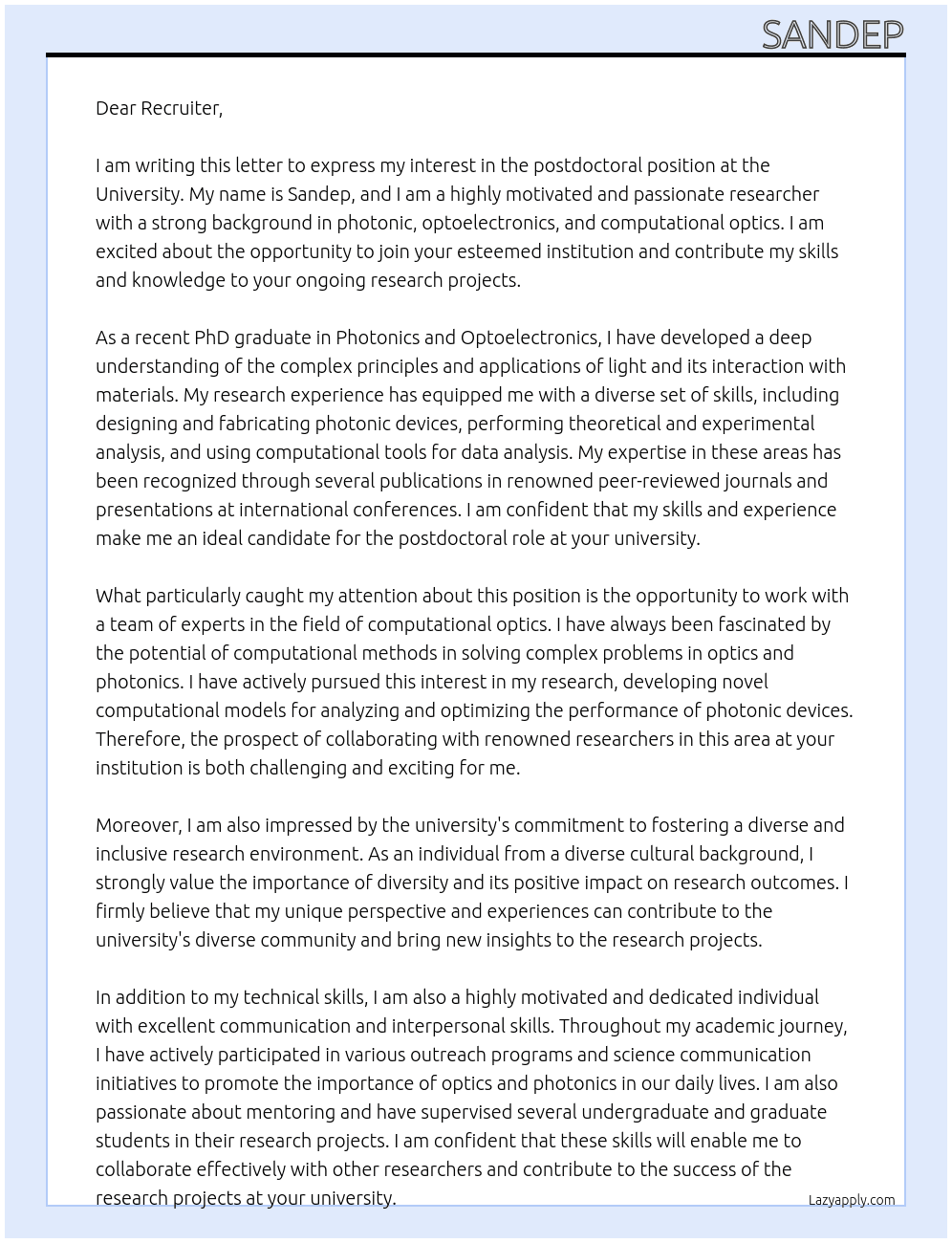 postdoc At university Cover Letter