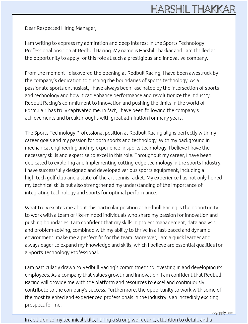 Sports Technology Professional At Redbull Racing Cover Letter