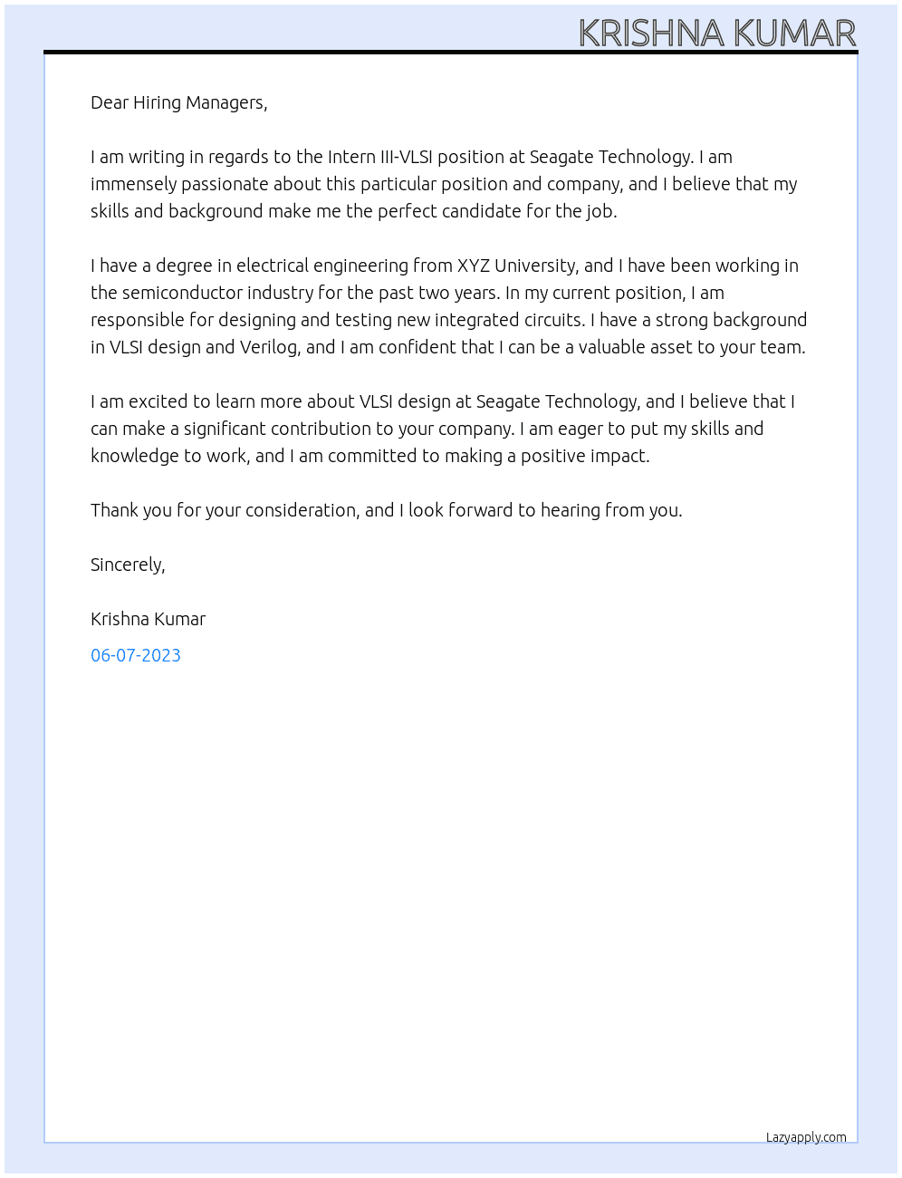 Intern III-VLSI At Seagate Technology Cover Letter