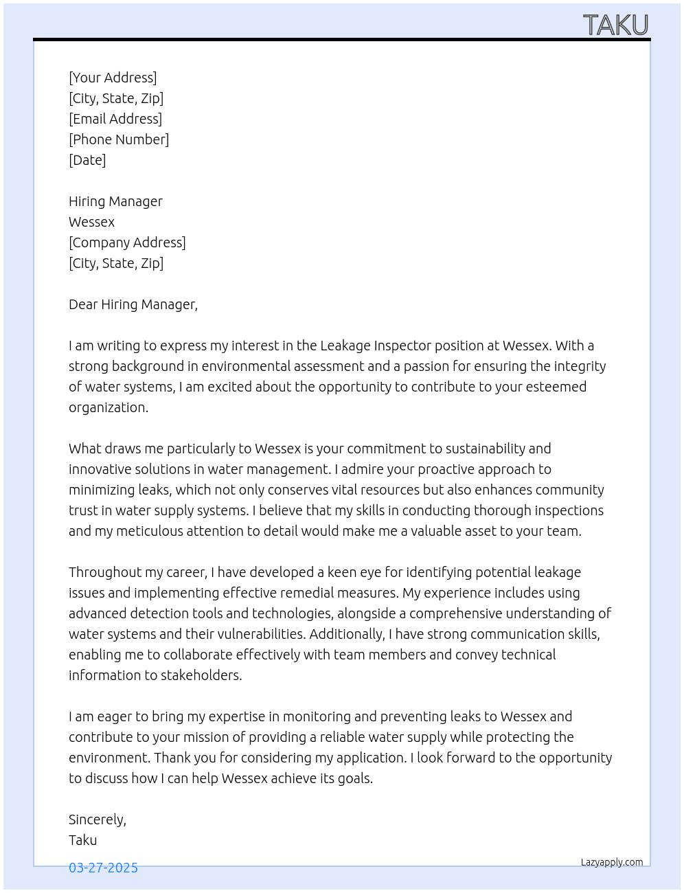 Leakage inspector At Wessex Cover Letter