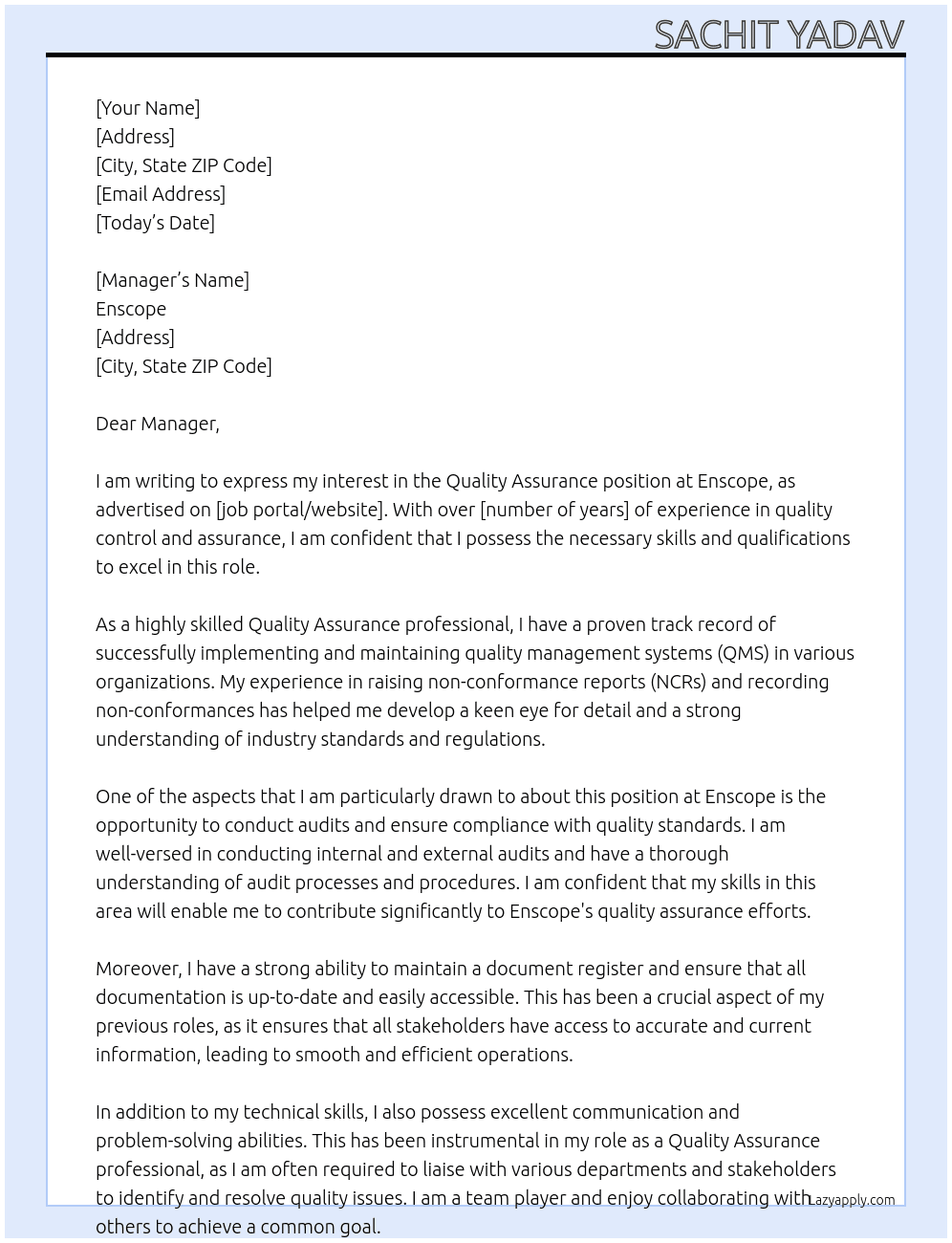 Quality Assurance At Enscope Cover Letter