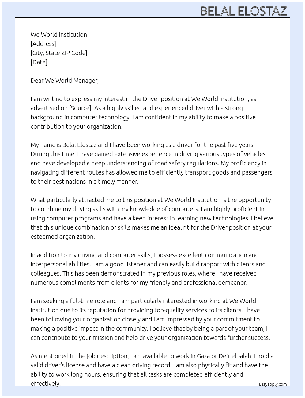 Driver  At We world institution  Cover Letter