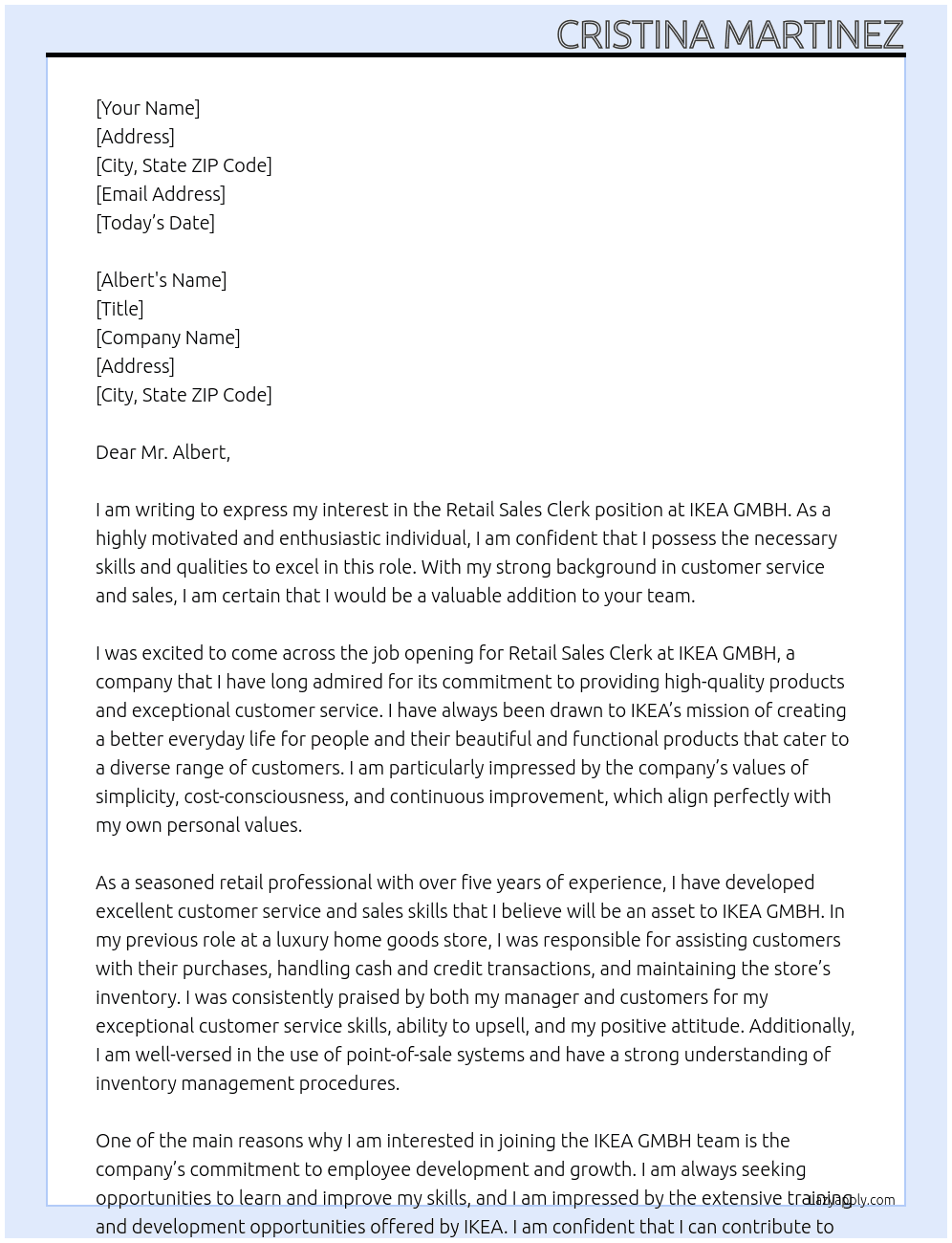 Retail Sale Clerk At IKEA GMBH Cover Letter