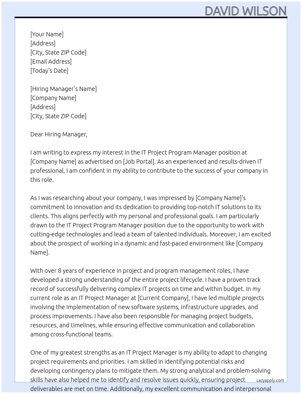 IT Project Program Manager At David Wilson Cover Letter