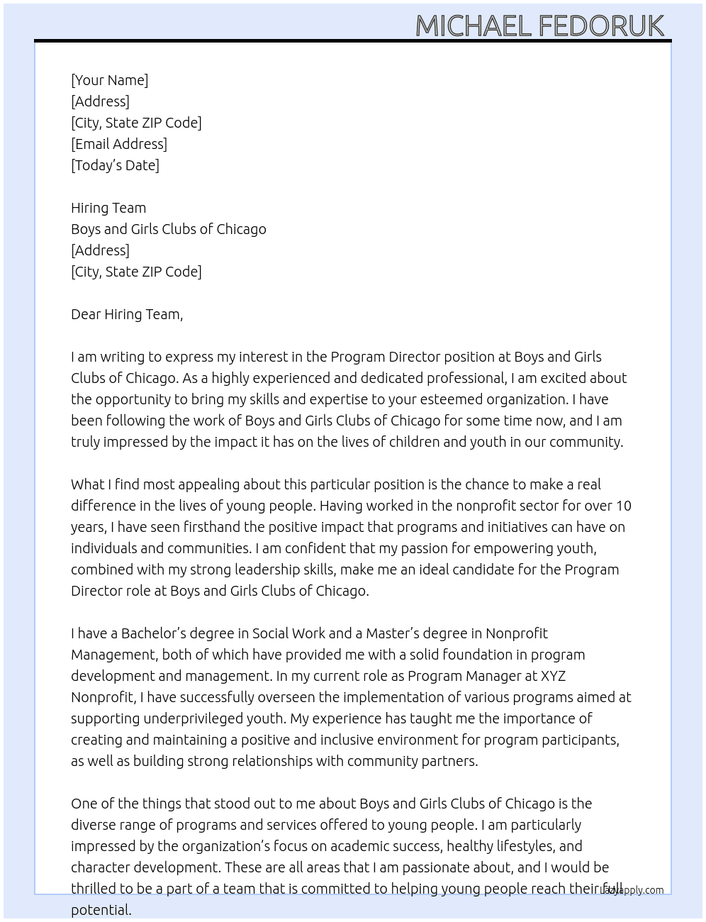 Program Director  At Boys and Girls Clubs of Chicago Cover Letter
