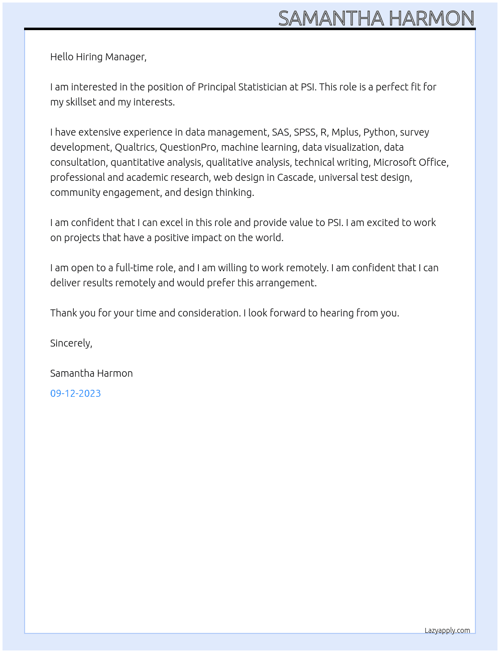 Principal Statistician At PSI Cover Letter