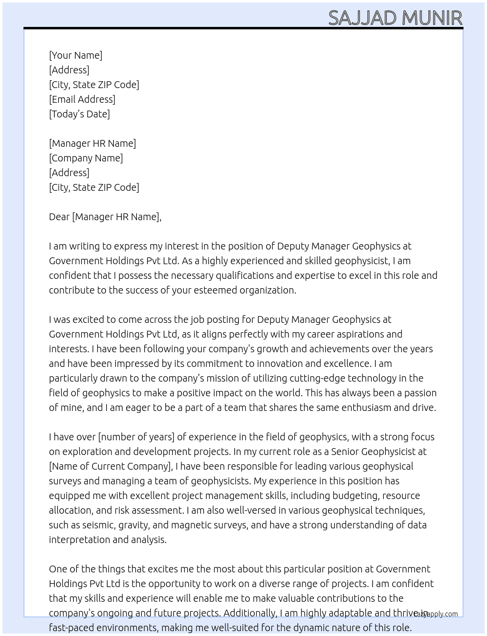 Deputy Manager Geophysics At Goveronment Holdings Pvt Ltd Cover Letter