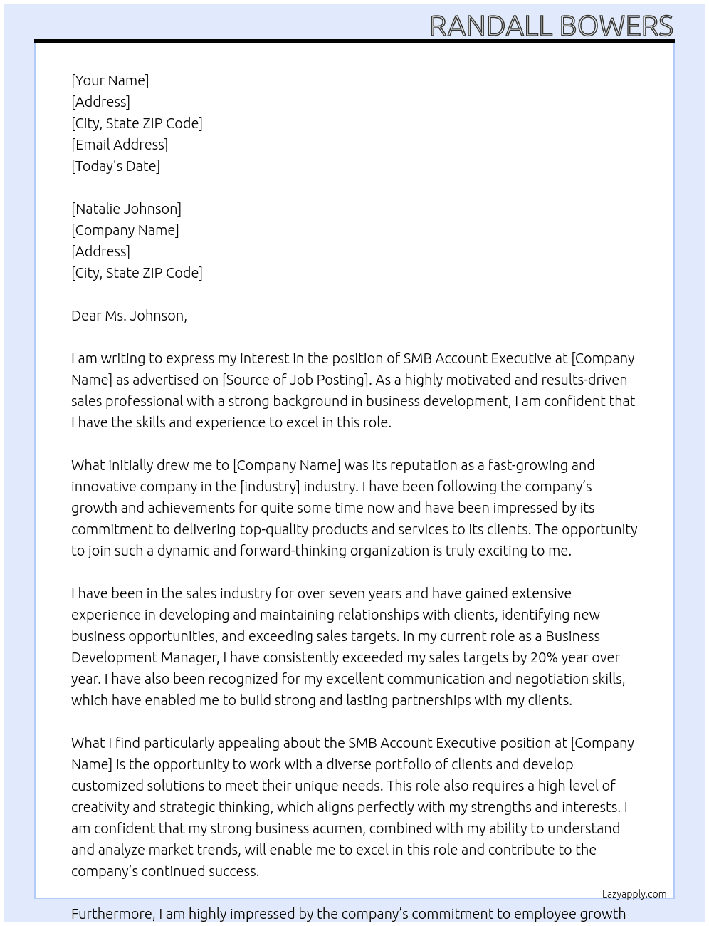 SMB Account Executive At Randall Bowers Cover Letter