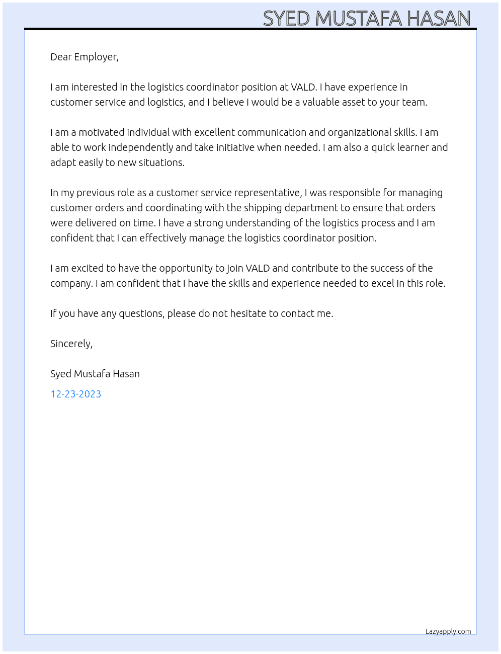 Logistics coordinator  At VALD - South Africa  Cover Letter