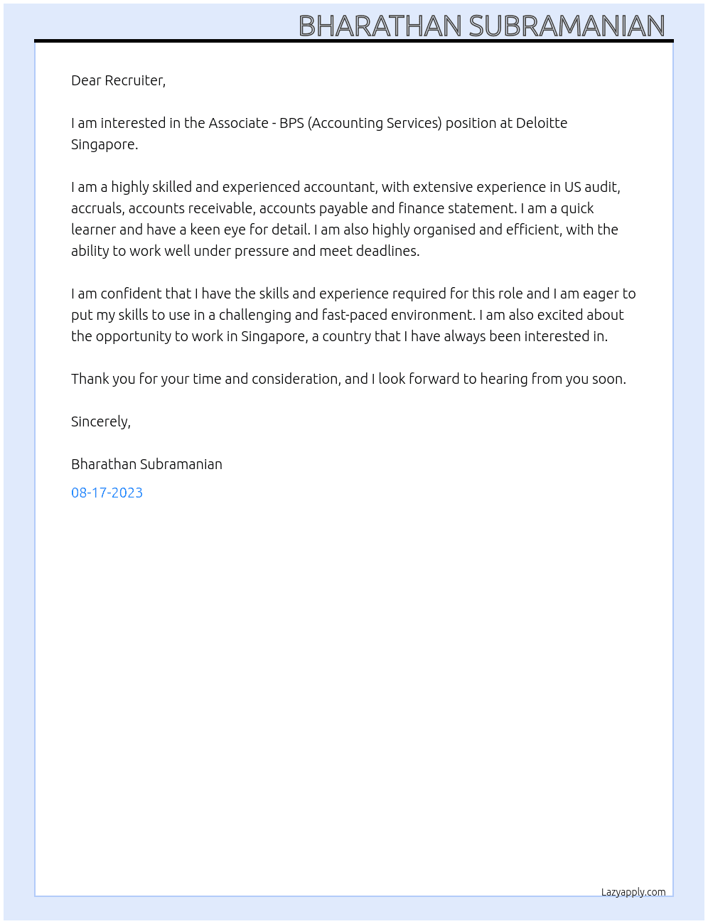 Associate - BPS (Accounting Services) At Deloitte Singapore  Cover Letter