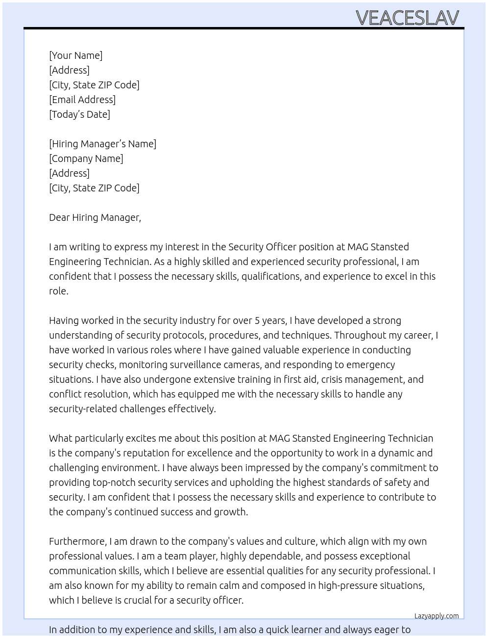 Security Officer At MAG Stansted Engineering Technician Cover Letter