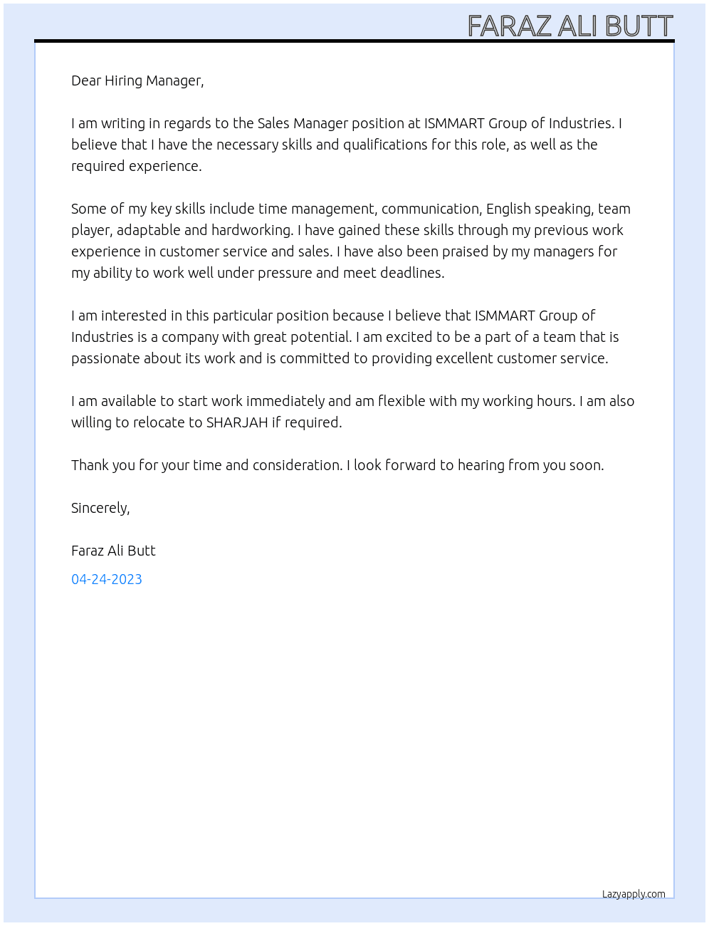 Sales Manager  At ISMMART Group of Industries  Cover Letter