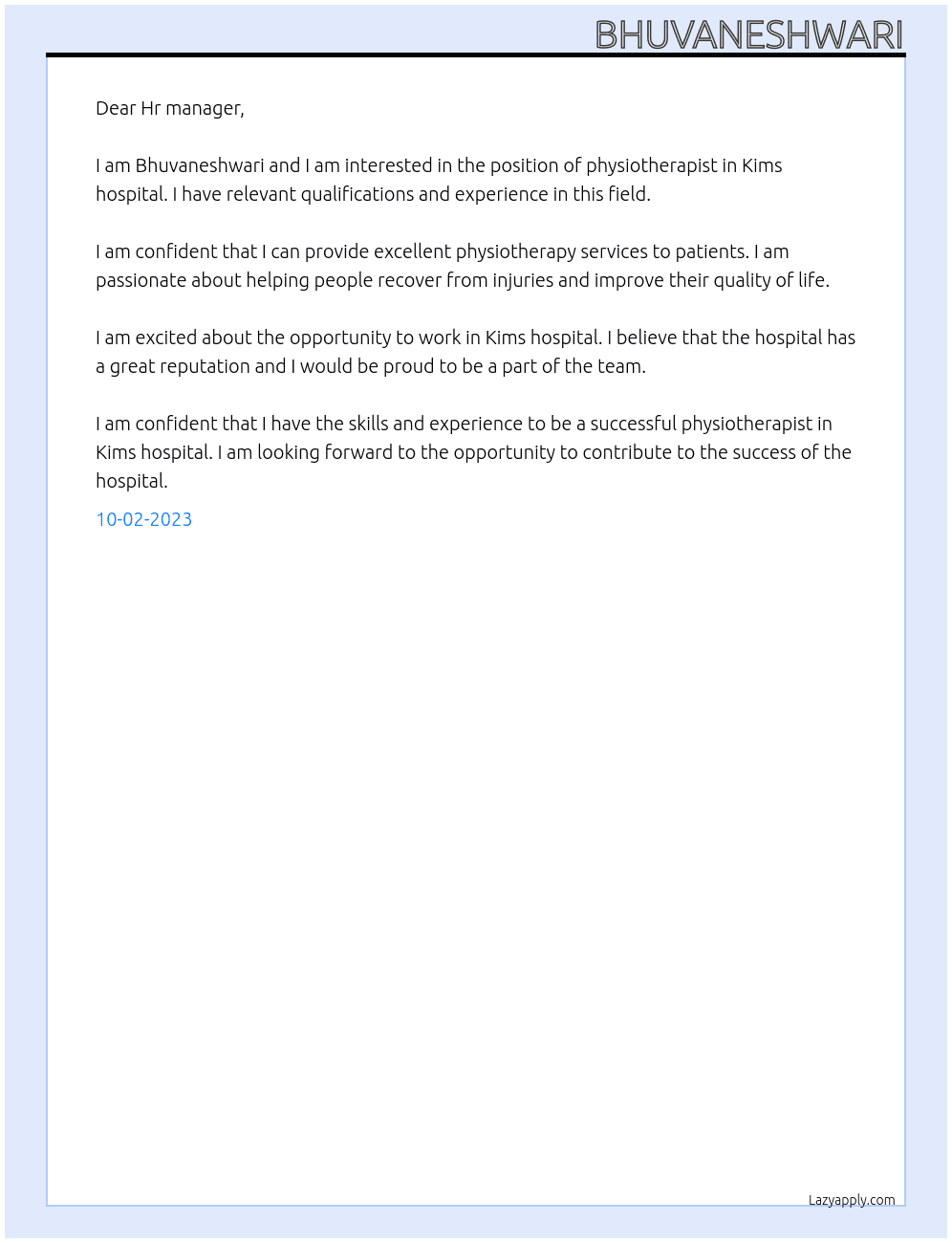 Physiotherapist  At Kims hospital  Cover Letter