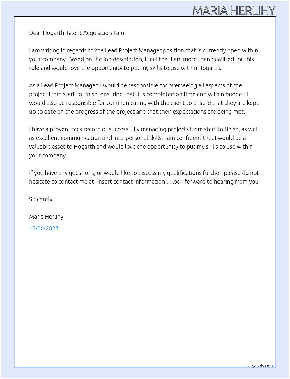 Lead Project Manager At Hogarth Cover Letter