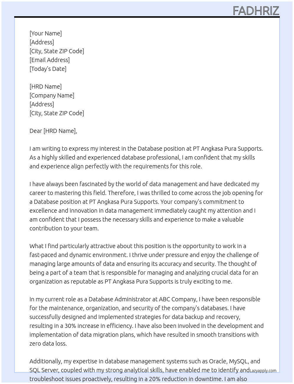 Database At PT Angkasa Pura Supports Cover Letter