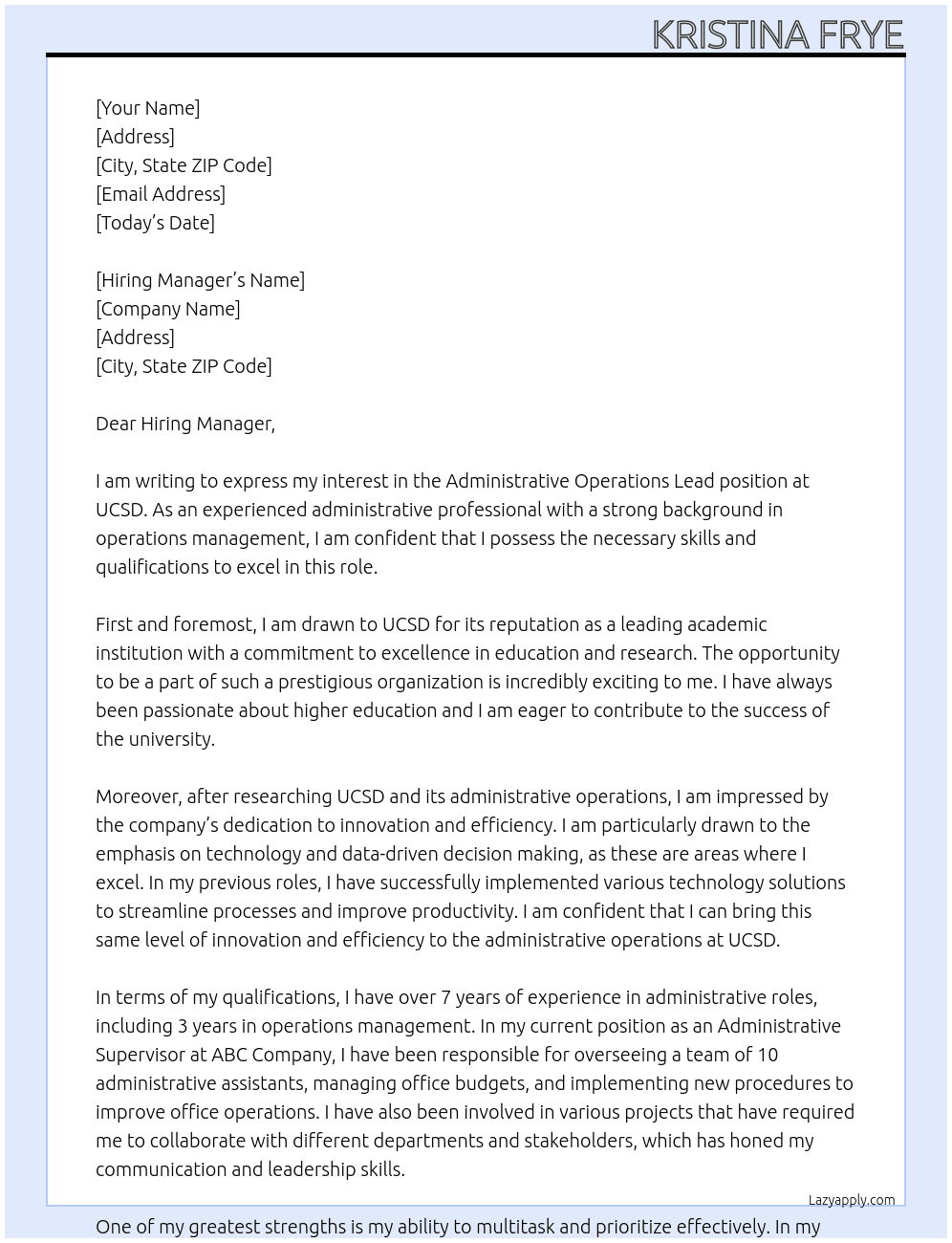 Administrative operations lead  At UCSD Cover Letter