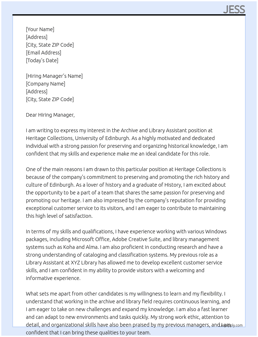 Archive and Library Assistant  At Heritage Collections, Univeristy of Edinburgh  Cover Letter