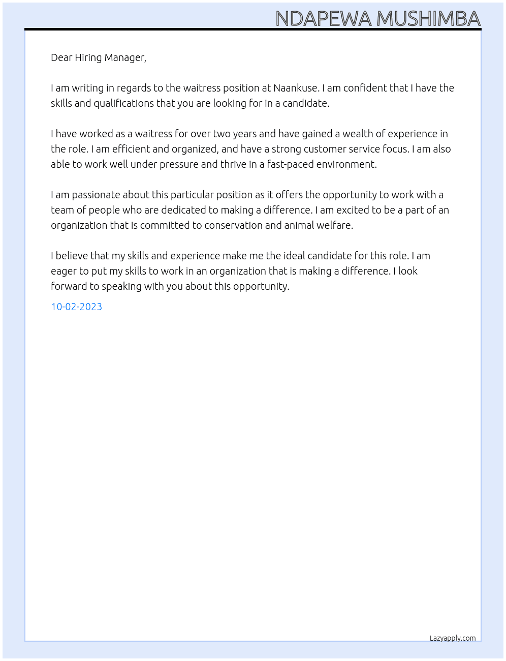 Waitress At Naankuse Cover Letter