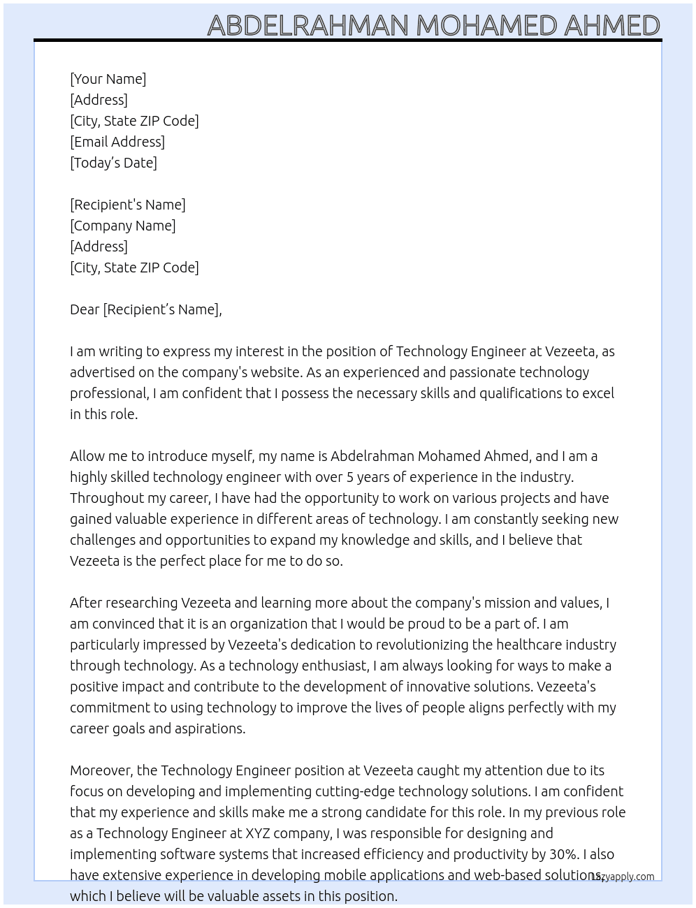 Technology Engineer At Vezeeta Cover Letter