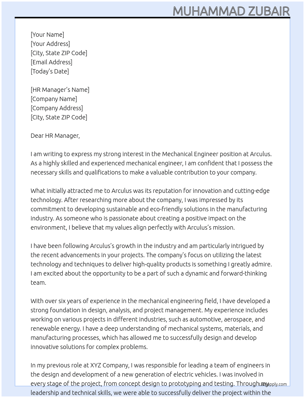 Mechanical Engineer At Arculus Cover Letter