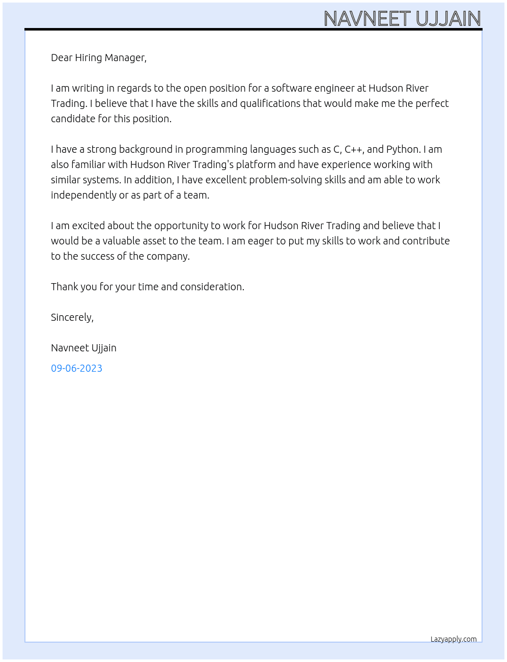 Software Engineer At Hudson River Trading Cover Letter