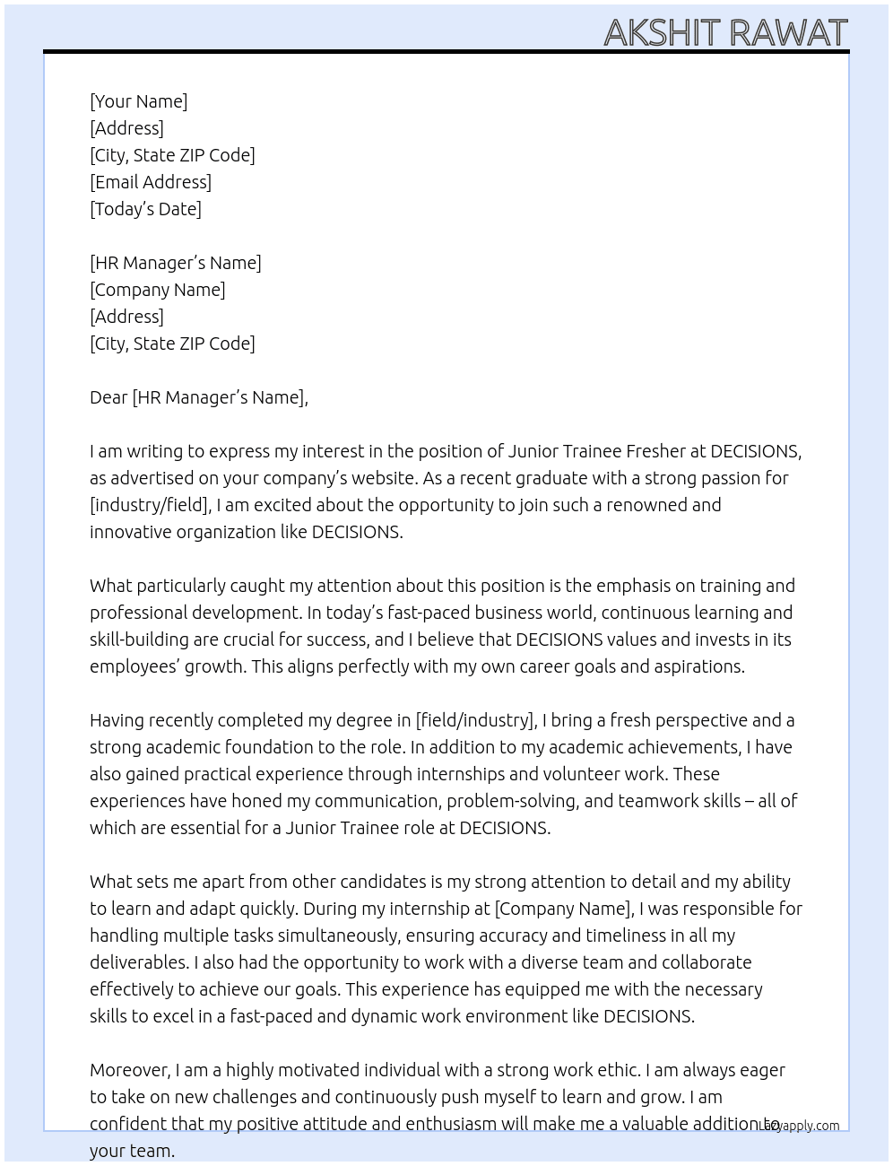 Junior Trainee Fresher At DECISIONS Cover Letter