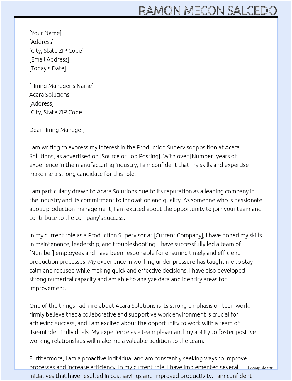 Production Supervisor At Acara Solutions Cover Letter