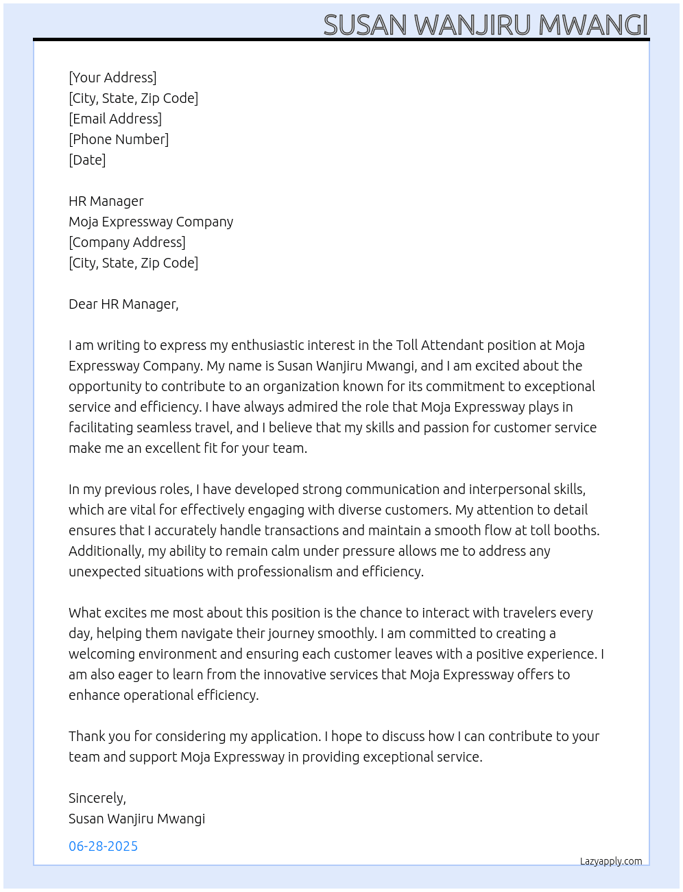 toll attendant At MOJA EXPRESSWAAY COMPANY Cover Letter