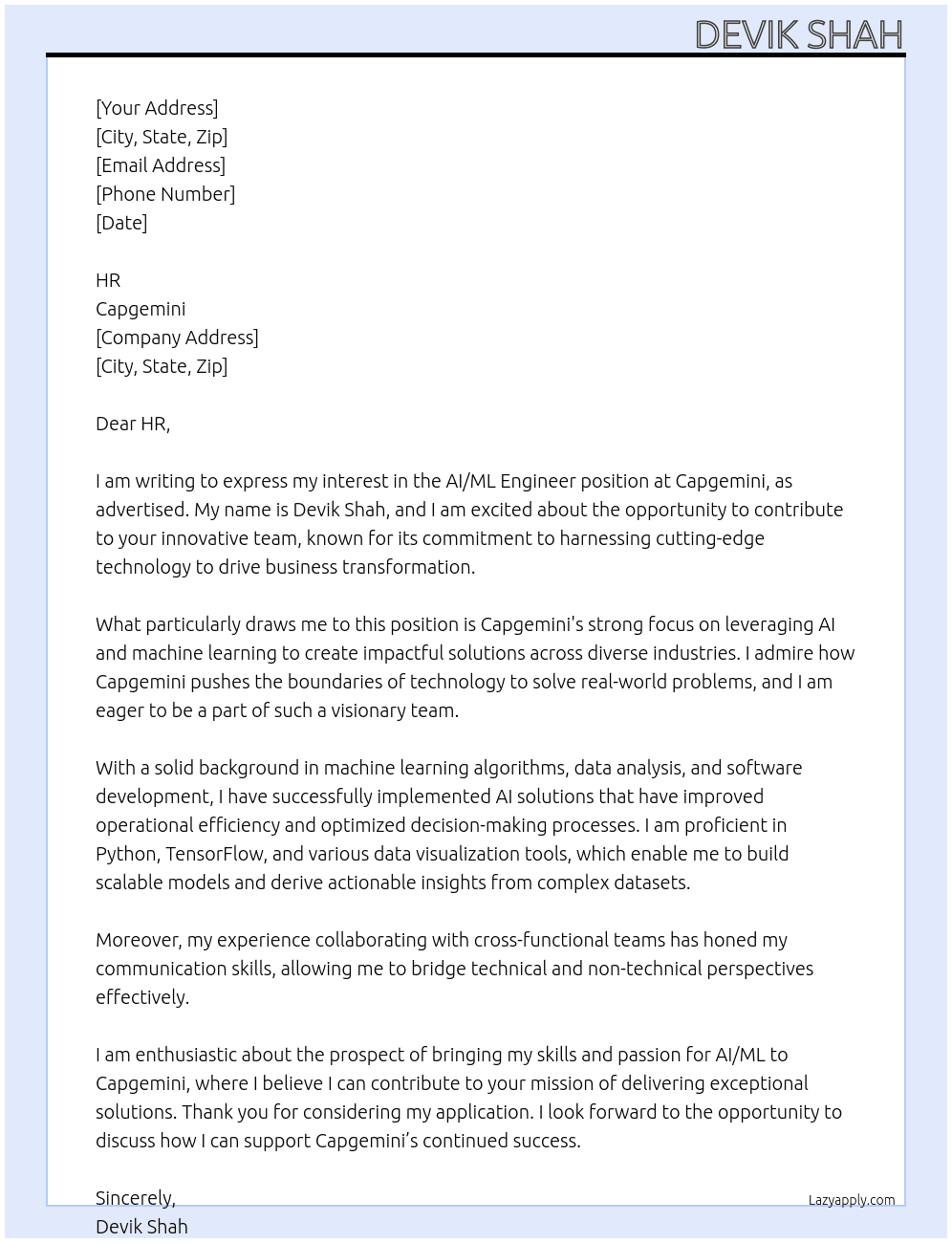 Ai ML Engineer At Capgimini Cover Letter
