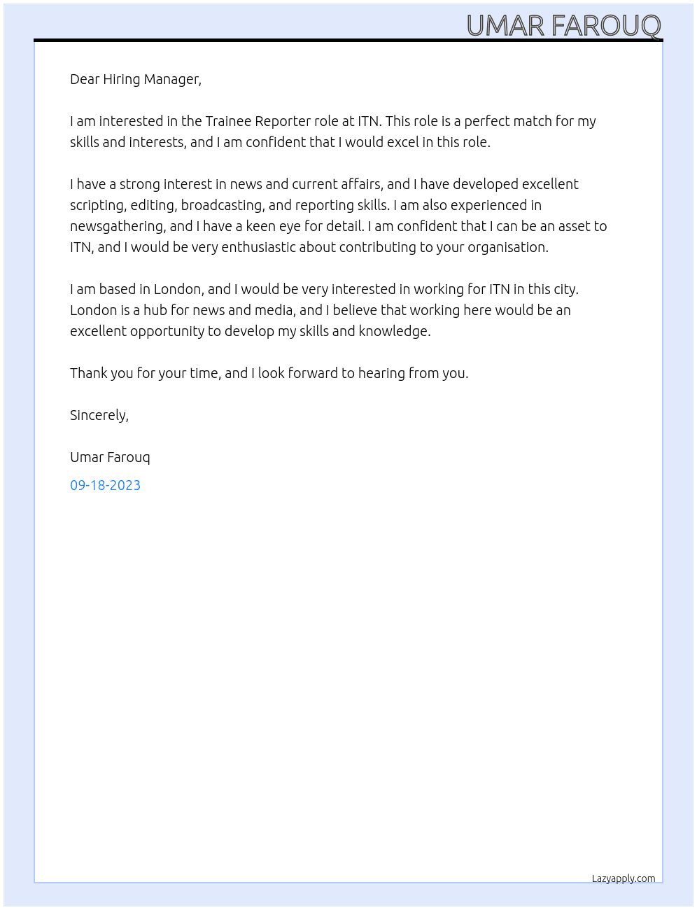 Trainee Reporter At ITN Cover Letter