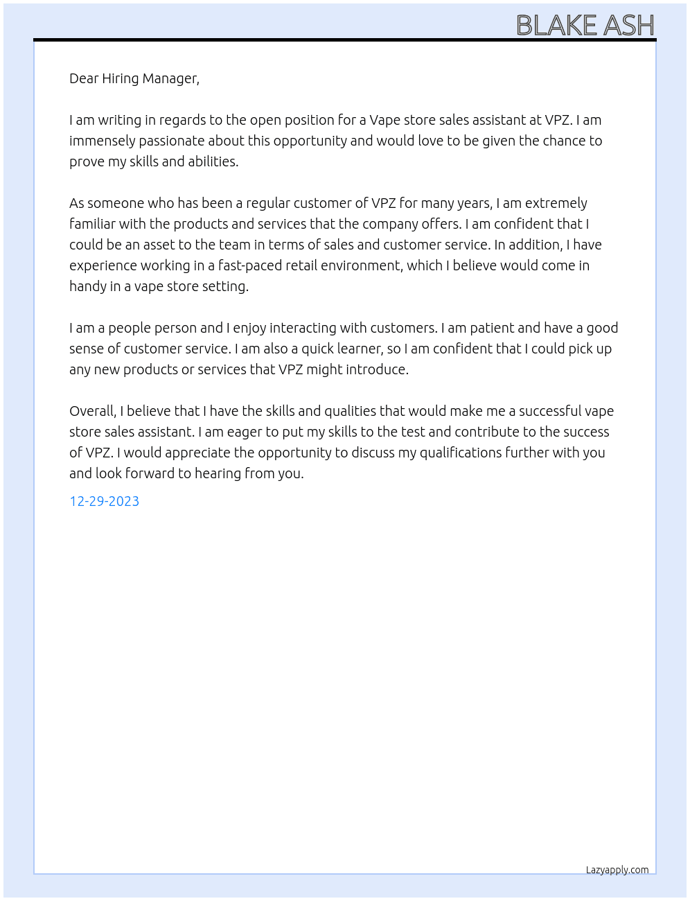 Vape store sales assistant  At VPZ Cover Letter