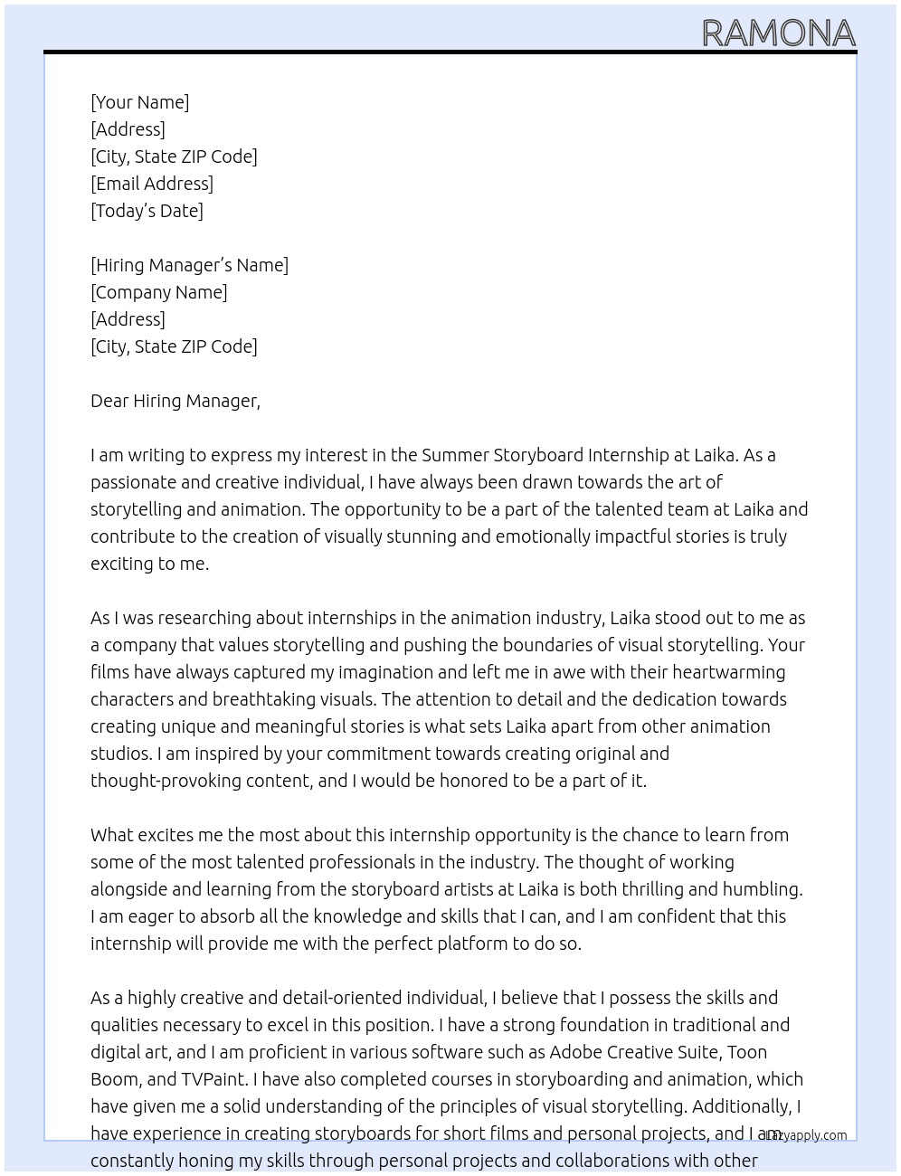 Summer storyboard internship At Laika Cover Letter