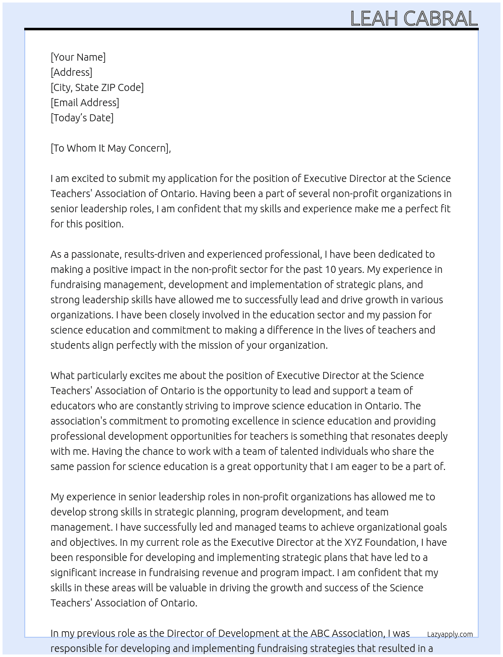 Executive Director At Science Teachers' Association of Ontario Cover Letter