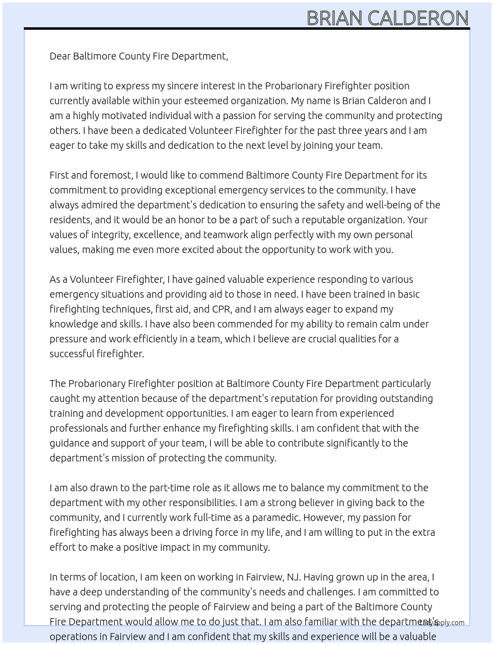 Probarionary Firefighter  At Baltimore County Fire Department Cover Letter