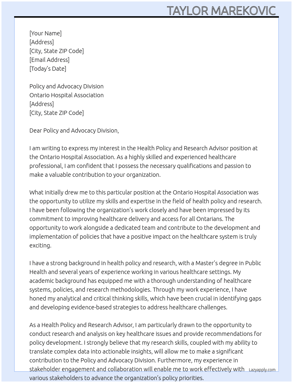 Health Policy and Research Advisor  At Ontario Hospital Association  Cover Letter