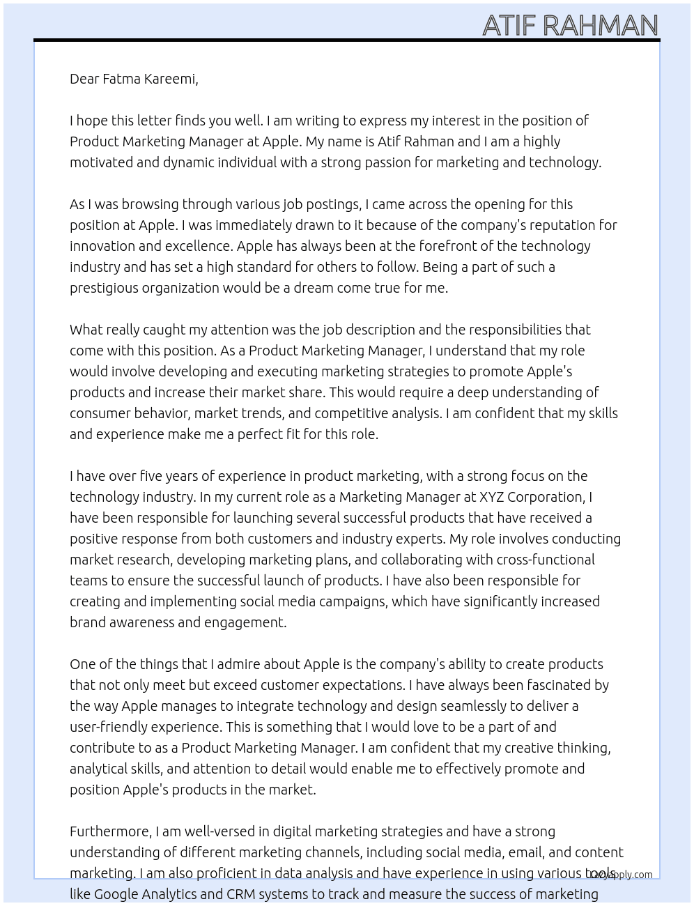 Product marketing manager At Apple Cover Letter