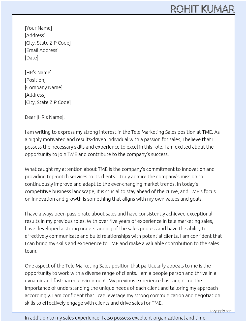 Cover letter for tele marketing sales - LazyApply