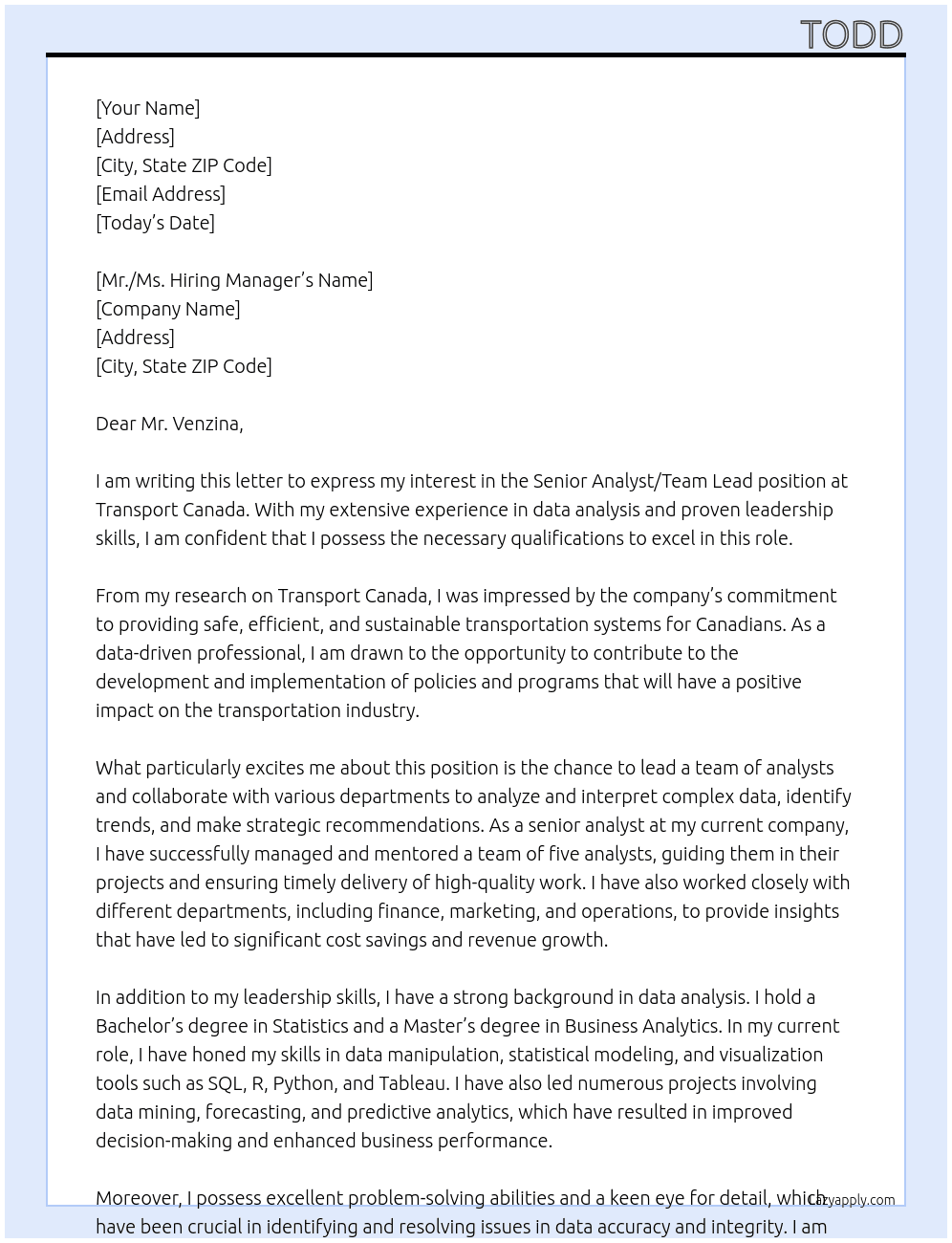 Senior Analyst/Team Lead At Transport Canada Cover Letter