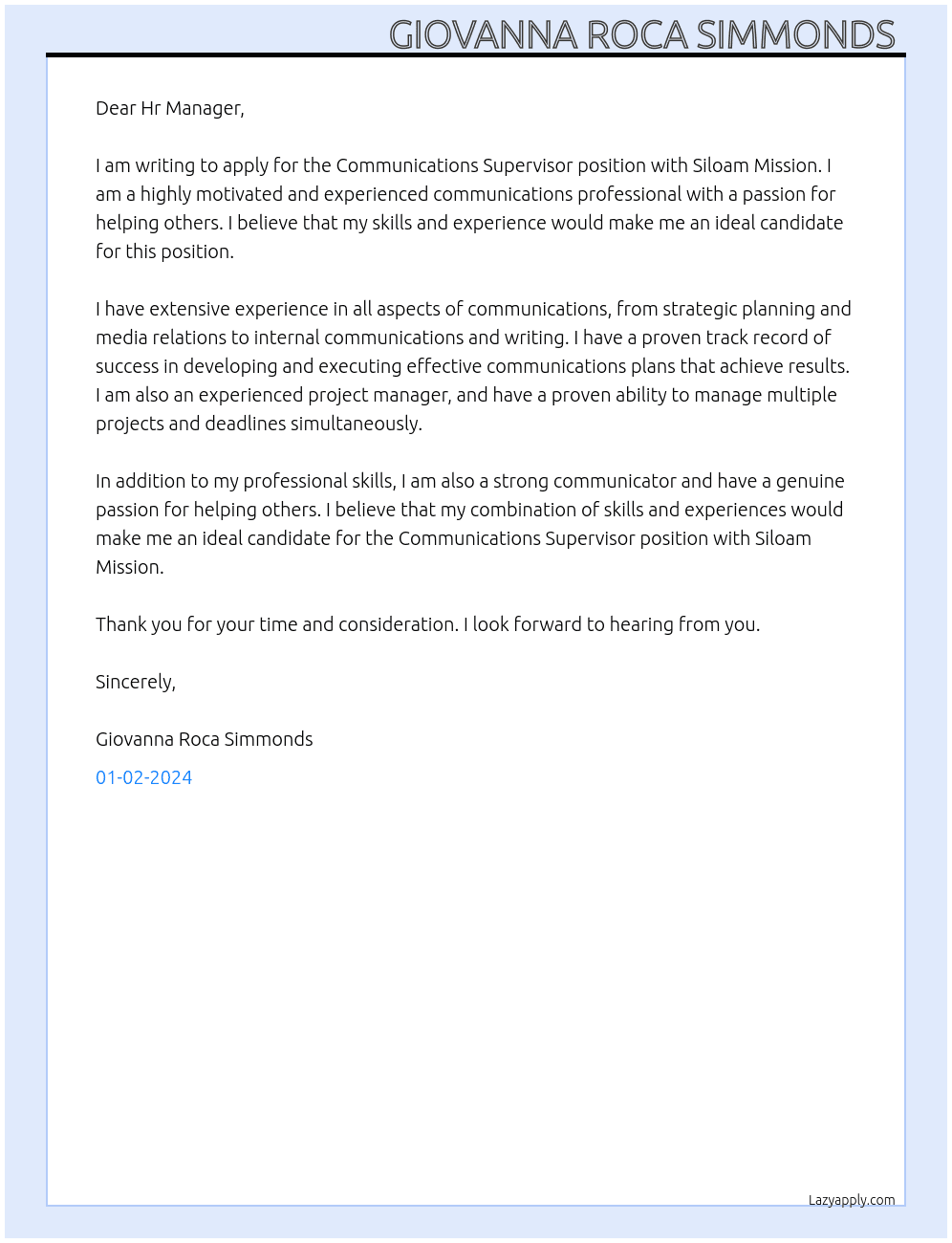 Communications Supervisor  At Siloam Mission Cover Letter