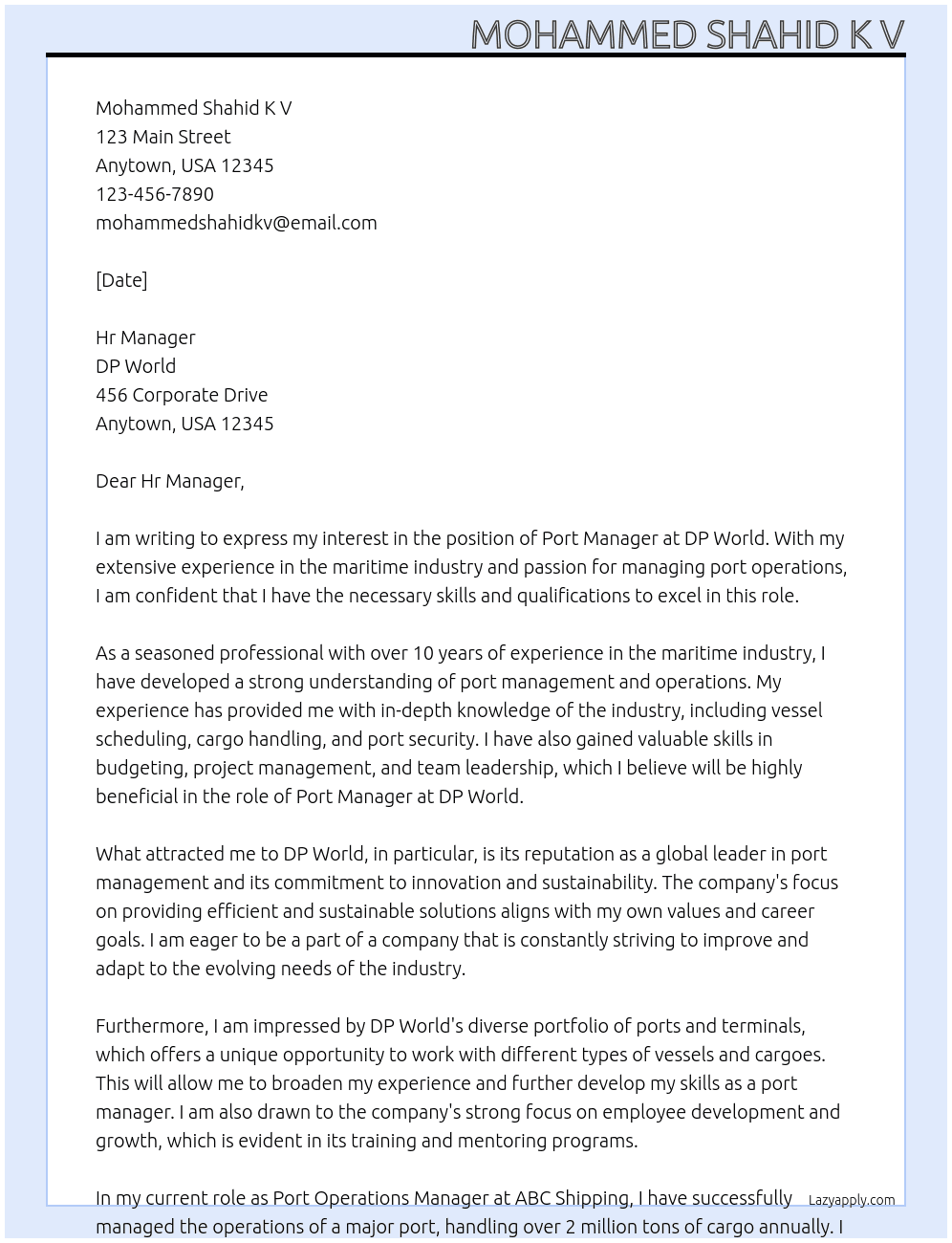 Cover letter for port manager - LazyApply