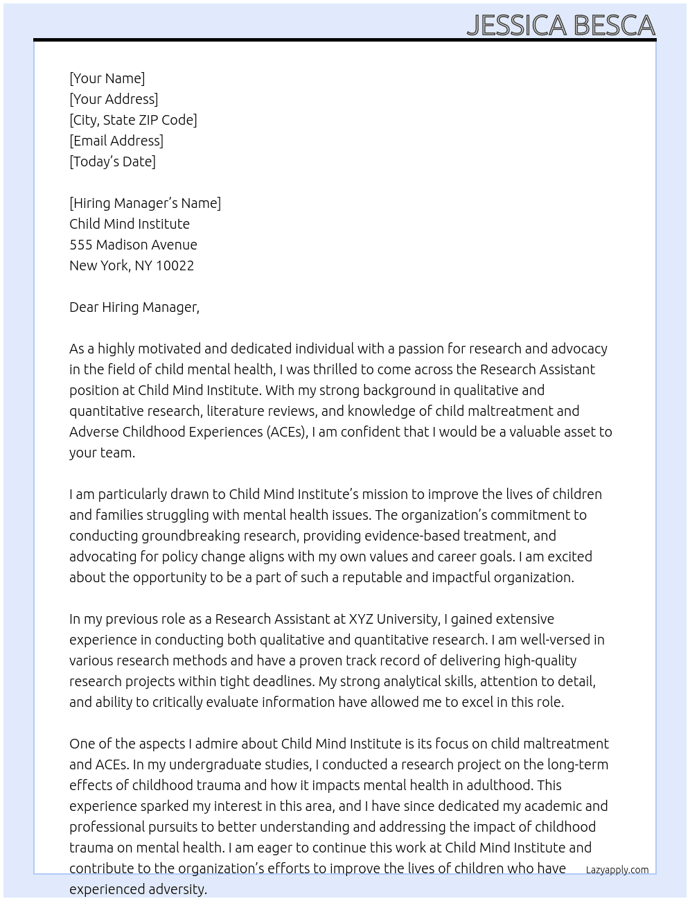 Research Assistant At Child Mind Institute Cover Letter