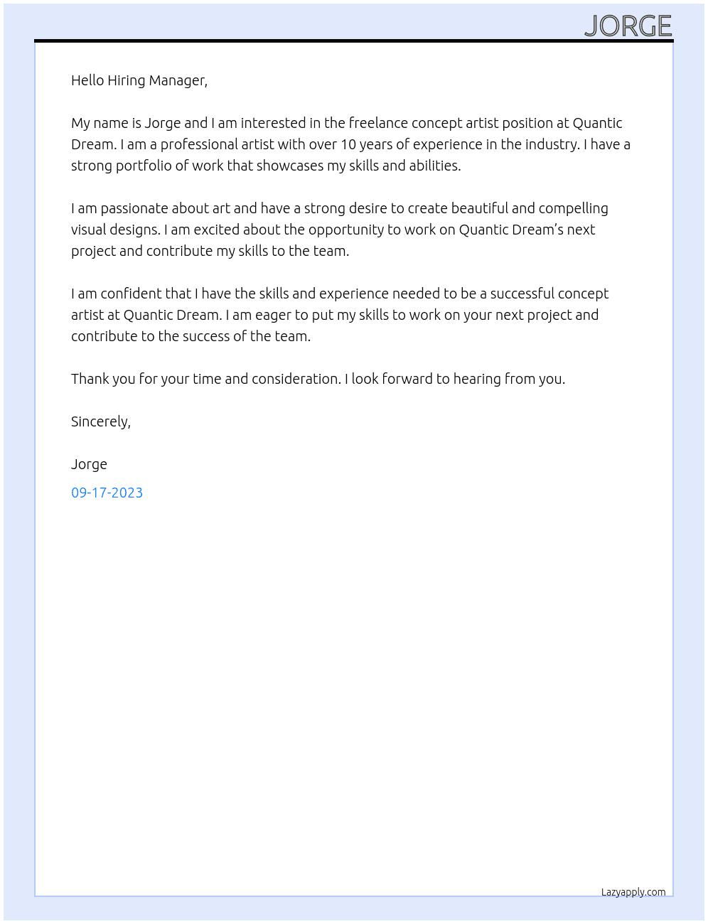 freelance concept artist At quantic dream Cover Letter