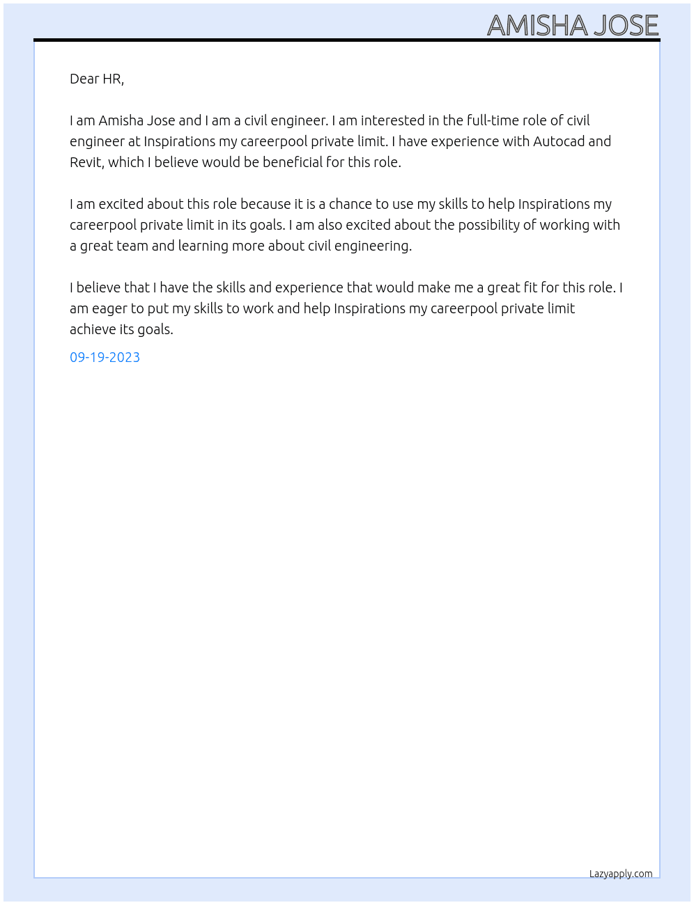 Civil Engineer  At Inspirations my careerpool  private limit  Cover Letter