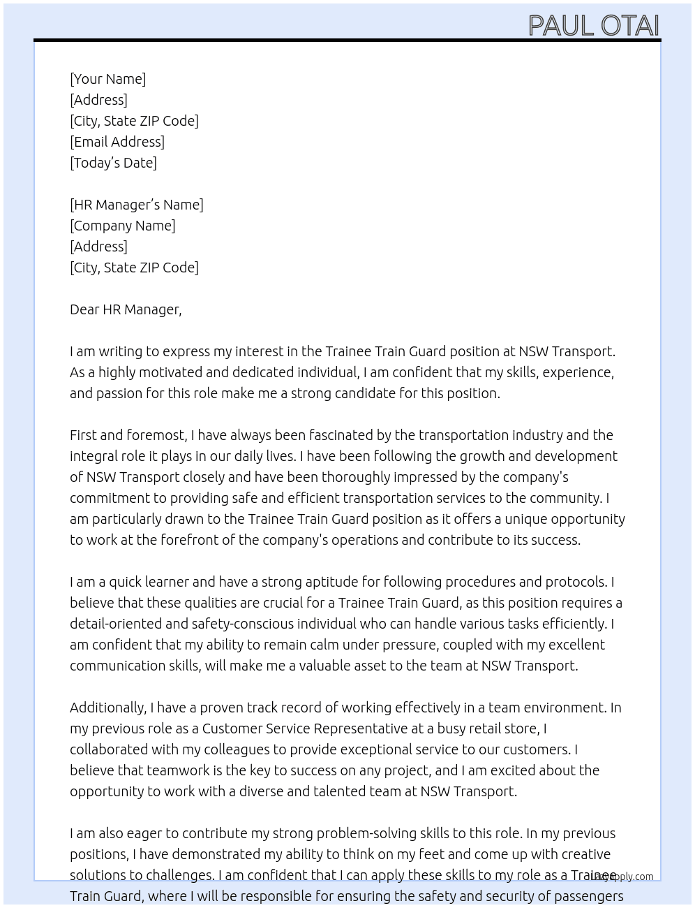 Trainee Train Guard At NSW Transport Cover Letter