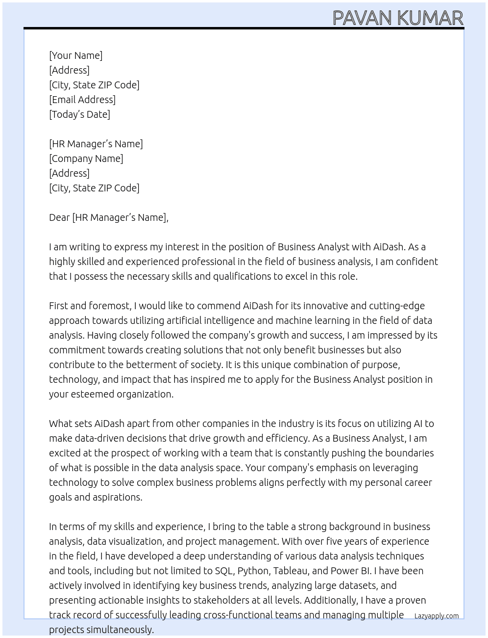 Business Analyst At AiDash Cover Letter