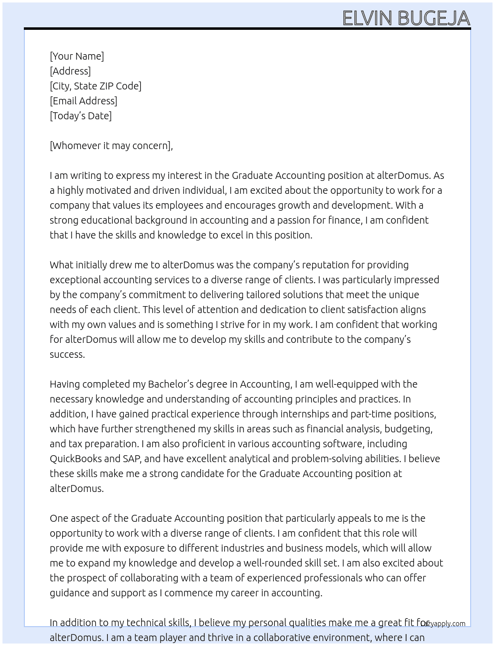 Graduate Accounting Position At alterDomus Cover Letter