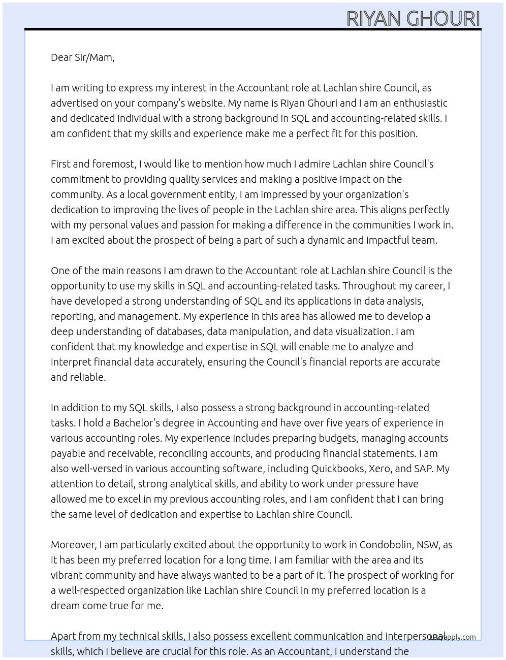 Accountant At Lachlan shire Council Cover Letter