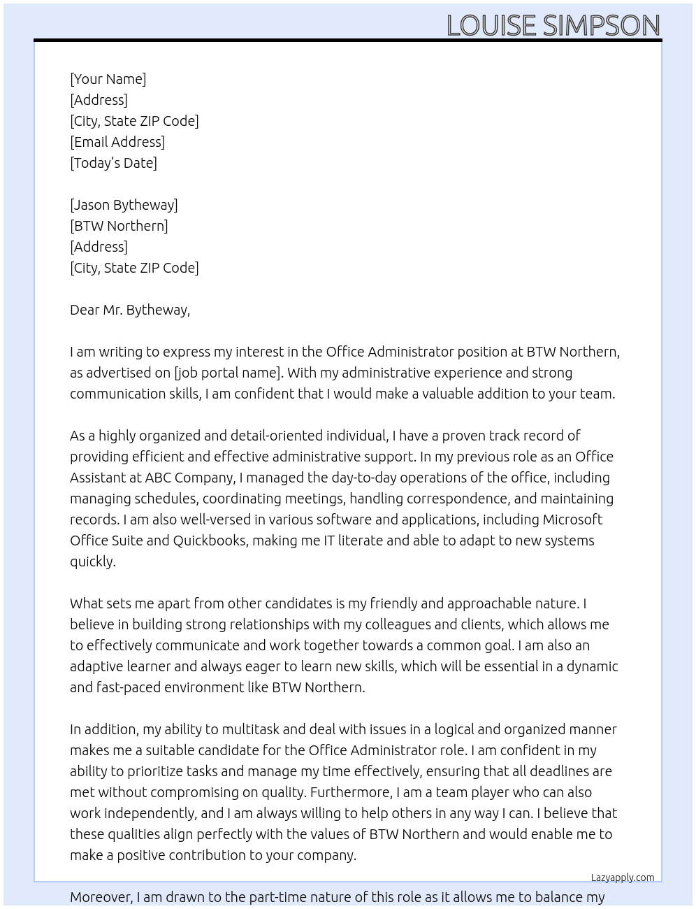 Office Administrator At BTW Northern Cover Letter