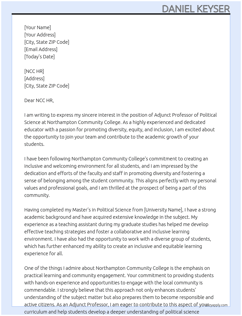 Adjunct Professor of Political Science At Northampton Community College Cover Letter