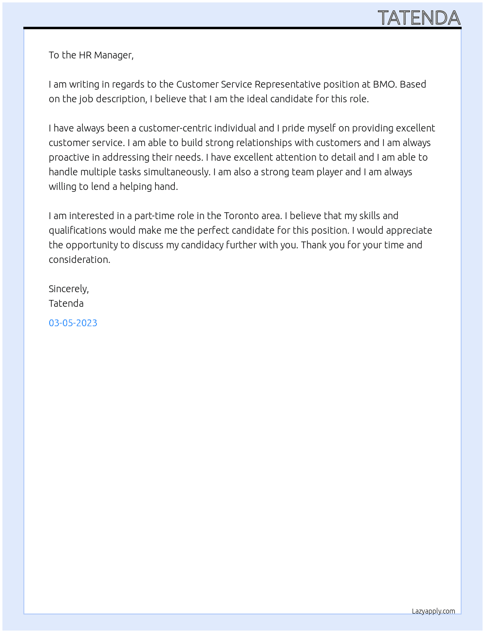 Customer Service Representative At BMO Cover Letter
